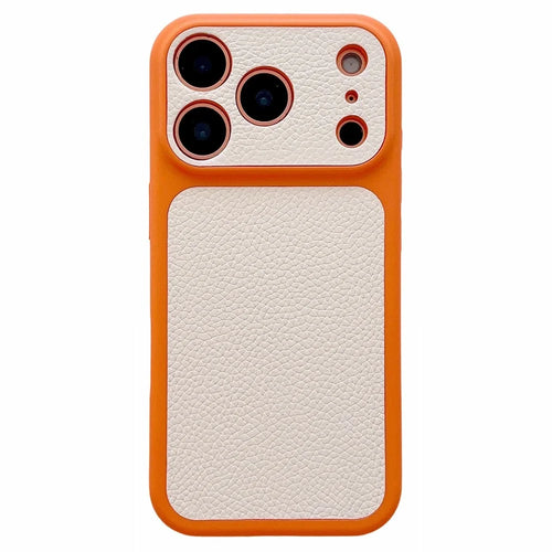 For iPhone 17 Pro Max Case Lychee Texture Genuine Cow Leather Coated TPU + PC Phone Cover - White  /  Orange - 1