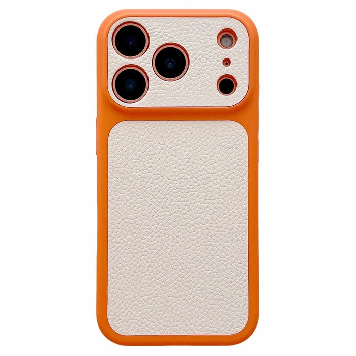 For iPhone 17 Pro Case Lychee Texture Genuine Cow Leather Coated TPU + PC Phone Cover - White  /  Orange - 1
