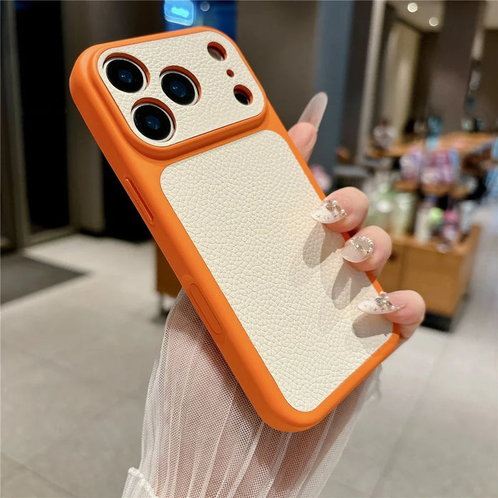 For iPhone 17 Pro Case Lychee Texture Genuine Cow Leather Coated TPU + PC Phone Cover - White  /  Orange - 2