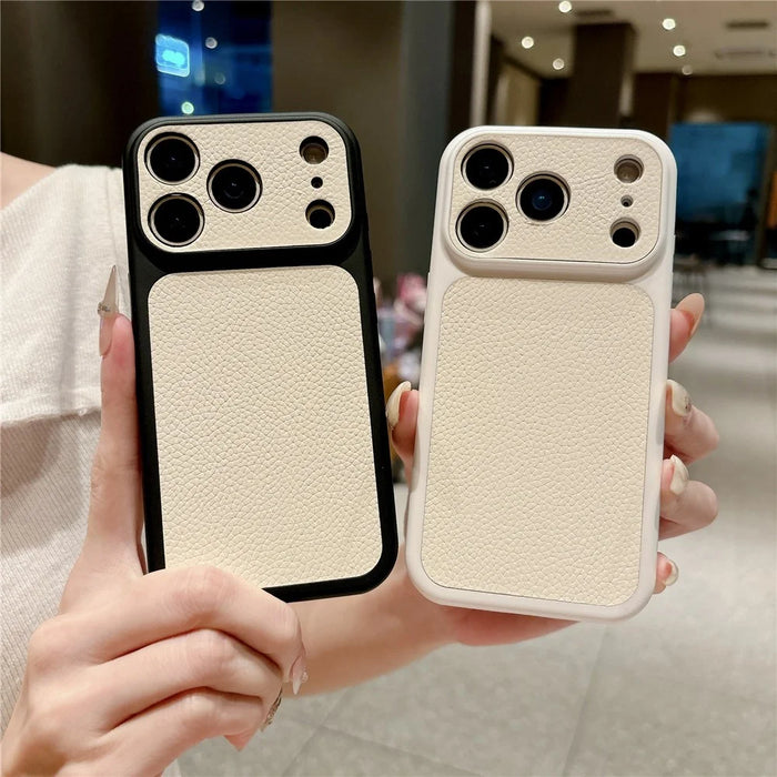 For iPhone 17 Pro Case Lychee Texture Genuine Cow Leather Coated TPU + PC Phone Cover - White  /  Orange - 7