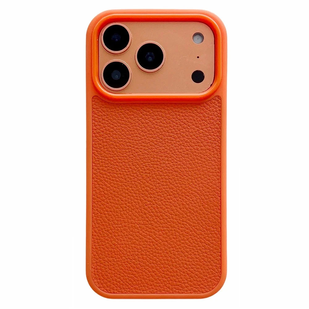 For iPhone 17 Pro Case Textured Genuine Cow Leather + PC + TPU Protective Cover - Litchi Texture / Orange - 1