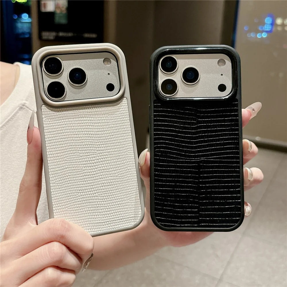For iPhone 17 Pro Case Textured Genuine Cow Leather + PC + TPU Protective Cover - Litchi Texture / Orange - 6