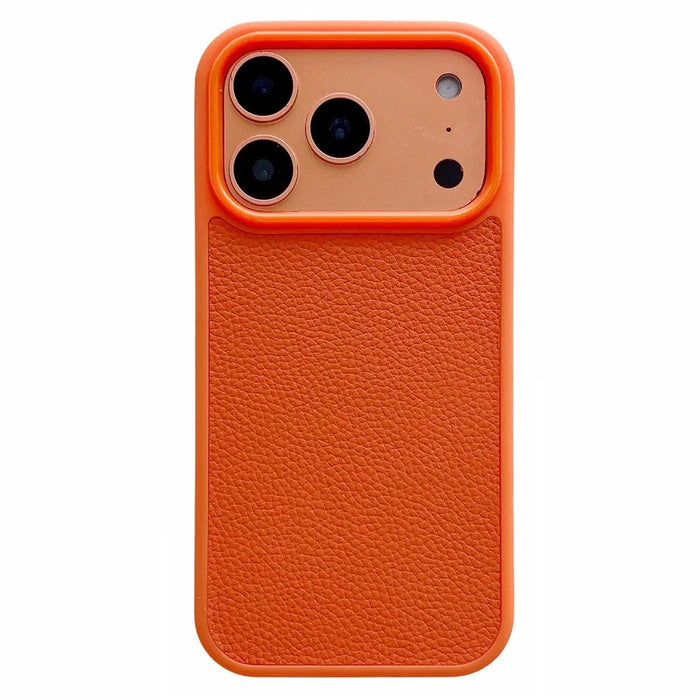 For iPhone 17 Pro Max Case Textured Genuine Cow Leather + PC + TPU Protective Cover - Litchi Texture / Orange - 1