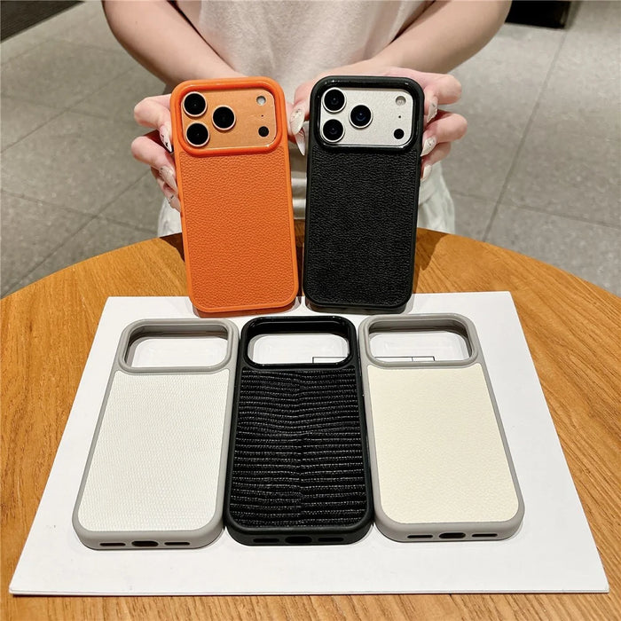 For iPhone 17 Pro Max Case Textured Genuine Cow Leather + PC + TPU Protective Cover - Litchi Texture / Orange - 7