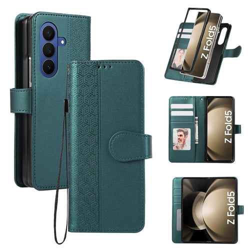 For Samsung Galaxy Z Fold8 Ultra Case Imprinted Rhombus Leather Wallet Phone Cover with Wrist Strap - Green - 1