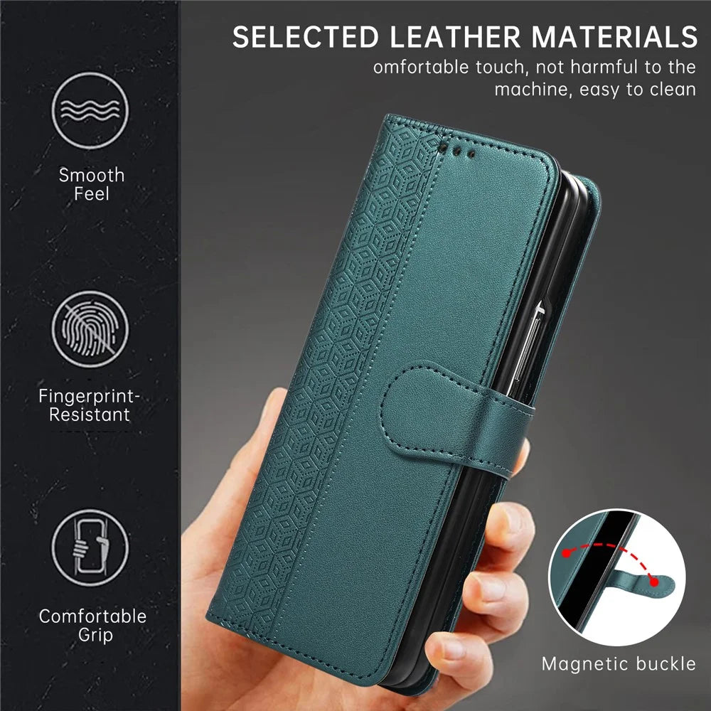 For Samsung Galaxy Z Fold8 Ultra Case Imprinted Rhombus Leather Wallet Phone Cover with Wrist Strap - Green - 4