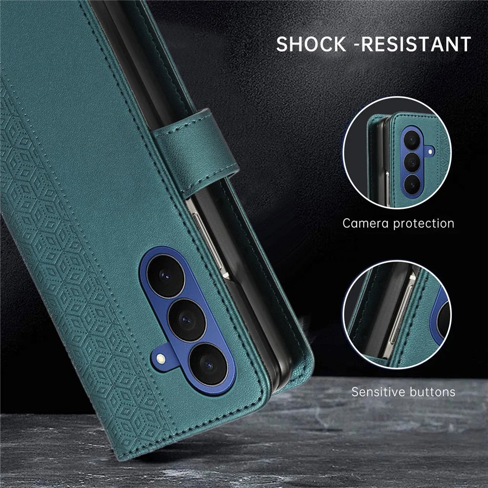 For Samsung Galaxy Z Fold8 Ultra Case Imprinted Rhombus Leather Wallet Phone Cover with Wrist Strap - Green - 5