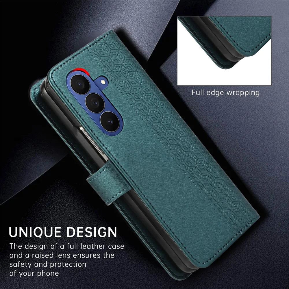 For Samsung Galaxy Z Fold8 Ultra Case Imprinted Rhombus Leather Wallet Phone Cover with Wrist Strap - Green - 7