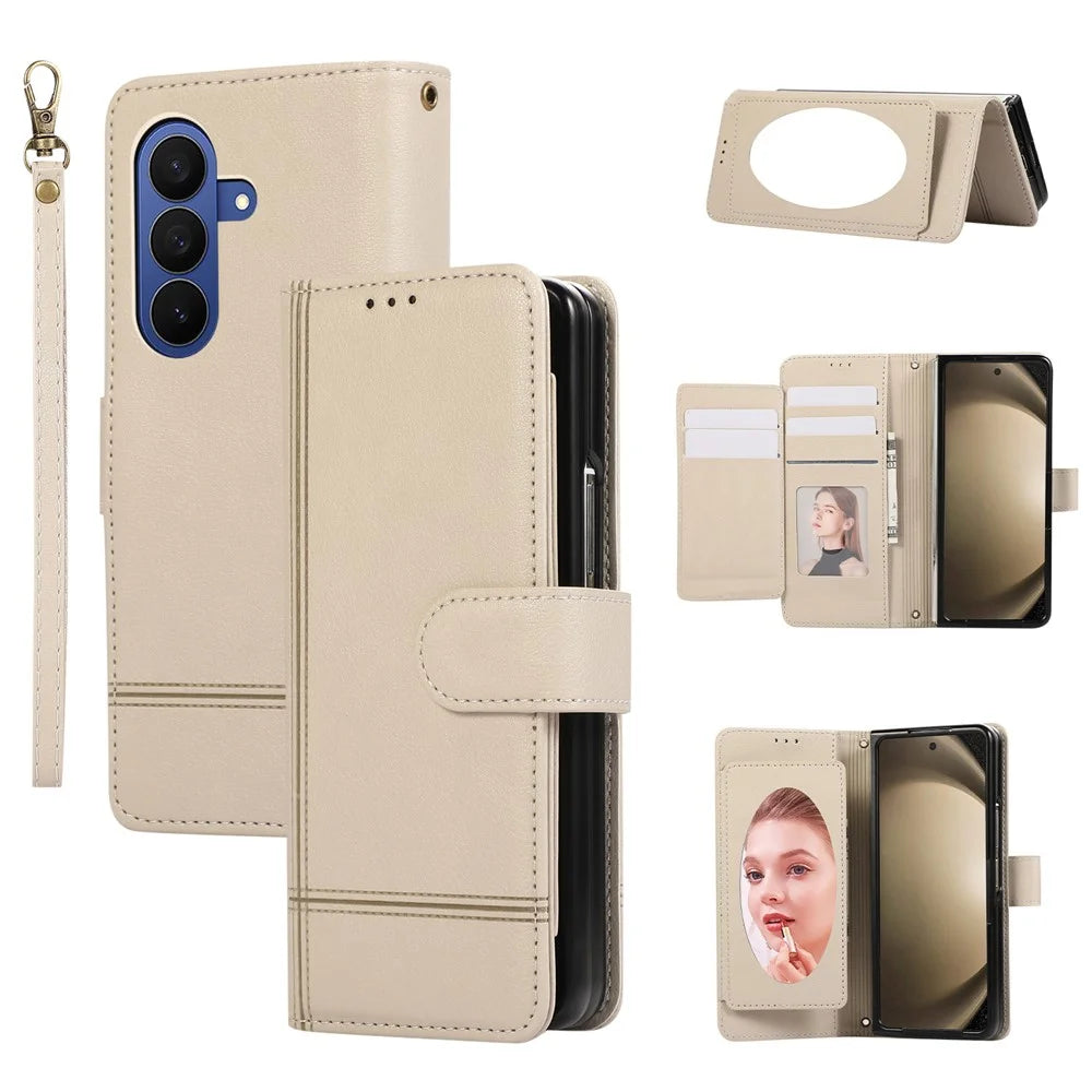 For Samsung Galaxy Z Fold8 Ultra Case Multi Card Slots PU Leather Phone Cover with Mirror / Wrist Strap - Beige - 1