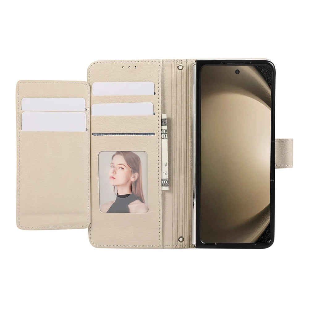 For Samsung Galaxy Z Fold8 Ultra Case Multi Card Slots PU Leather Phone Cover with Mirror / Wrist Strap - Beige - 2