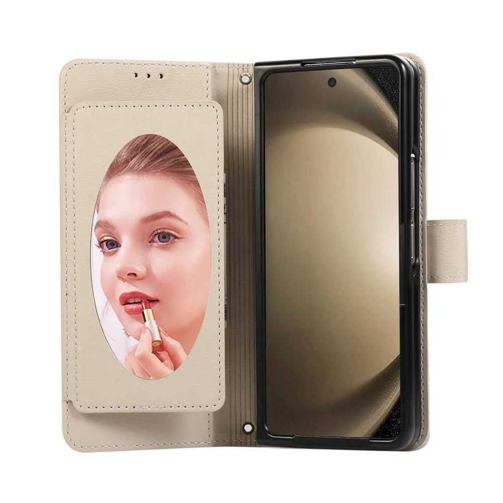 For Samsung Galaxy Z Fold8 Ultra Case Multi Card Slots PU Leather Phone Cover with Mirror / Wrist Strap - Beige - 3