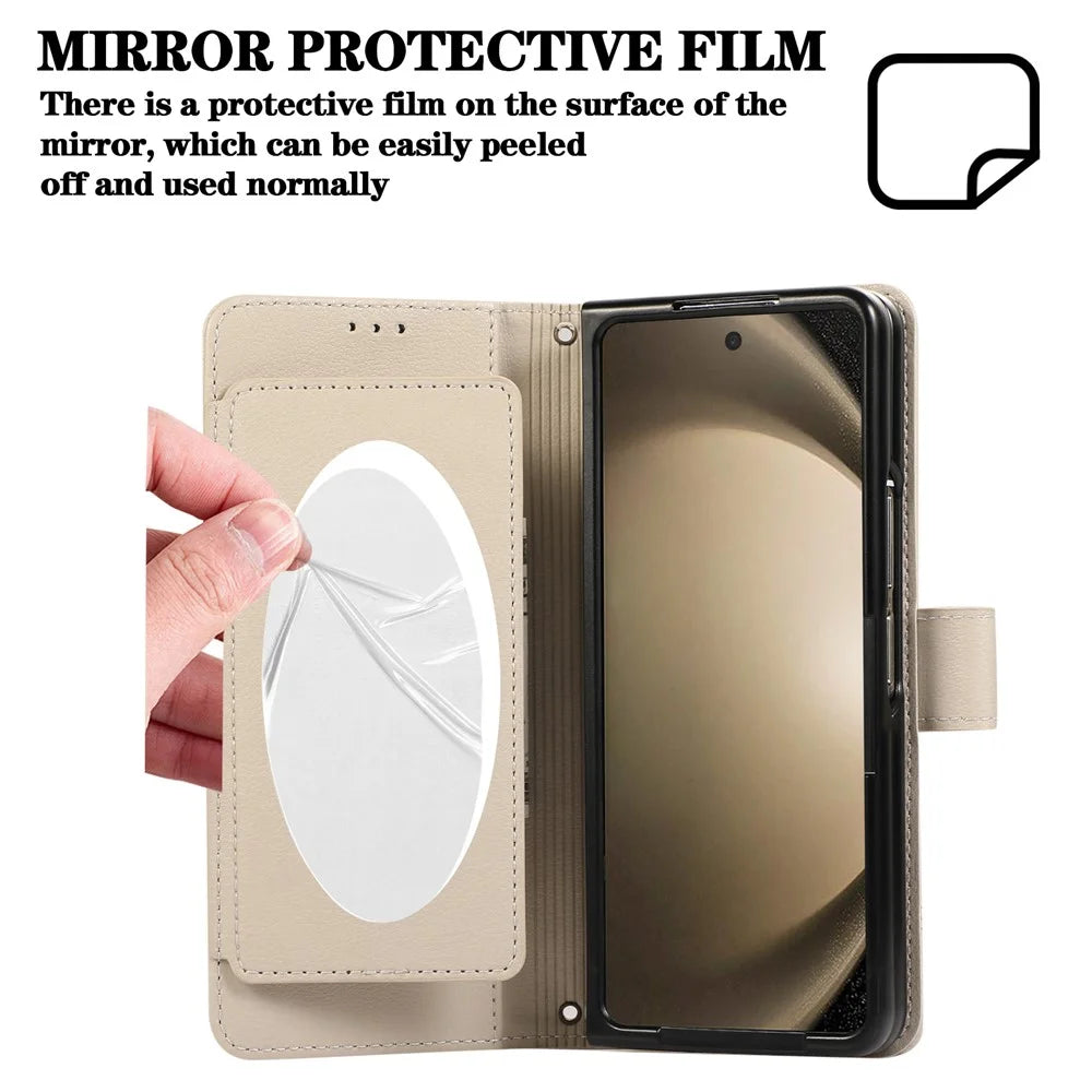 For Samsung Galaxy Z Fold8 Ultra Case Multi Card Slots PU Leather Phone Cover with Mirror / Wrist Strap - Beige - 6