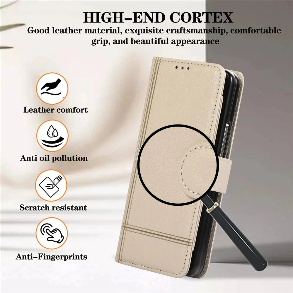For Samsung Galaxy Z Fold8 Ultra Case Multi Card Slots PU Leather Phone Cover with Mirror / Wrist Strap - Beige - 7