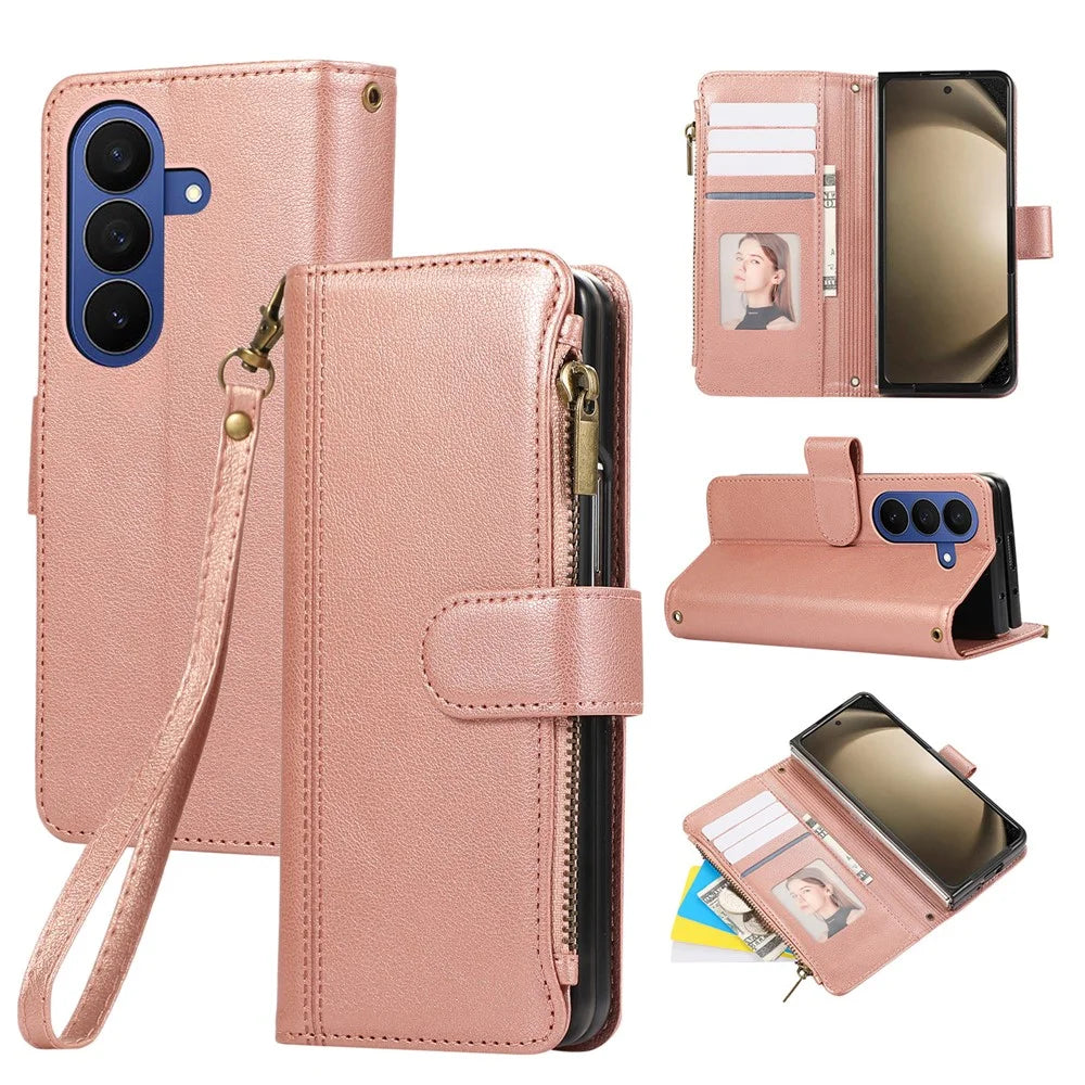For Samsung Galaxy Z Fold8 Ultra Case Multi Card Slots Zipper Leather Phone Cover with Wrist Strap - Rose Gold - 1