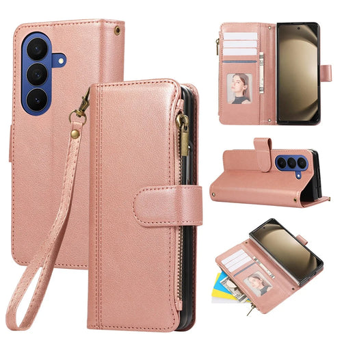 For Samsung Galaxy Z Fold8 Ultra Case Multi Card Slots Zipper Leather Phone Cover with Wrist Strap - Rose Gold - 1