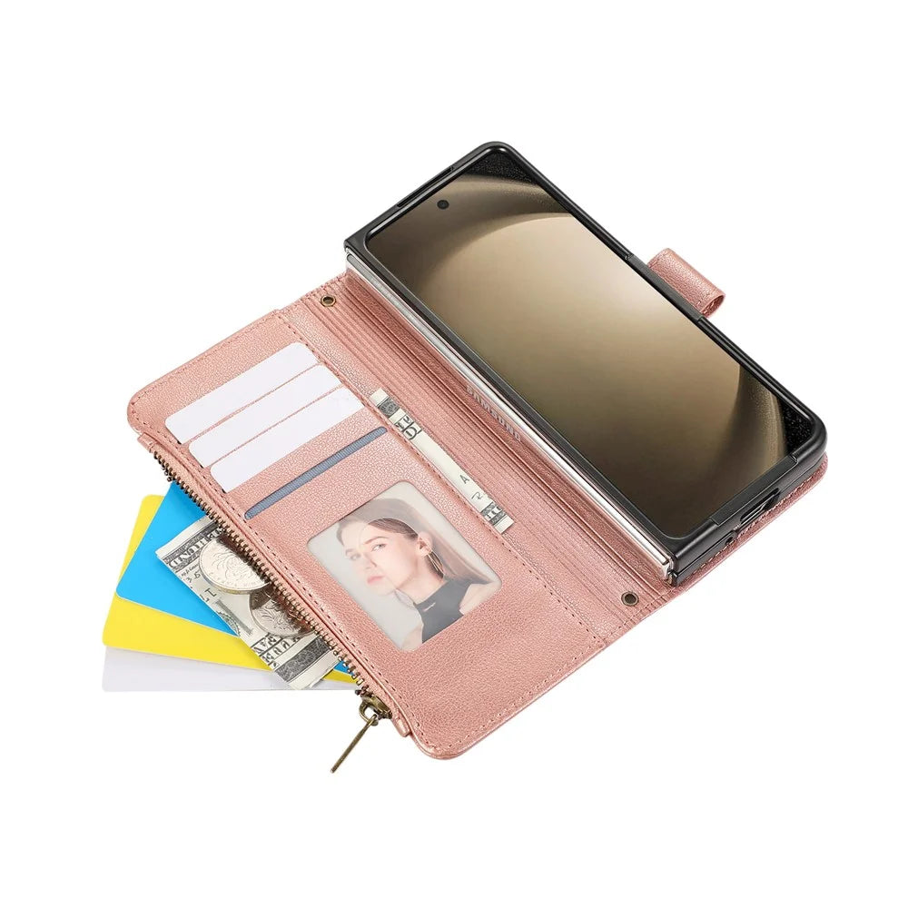 For Samsung Galaxy Z Fold8 Ultra Case Multi Card Slots Zipper Leather Phone Cover with Wrist Strap - Rose Gold - 3