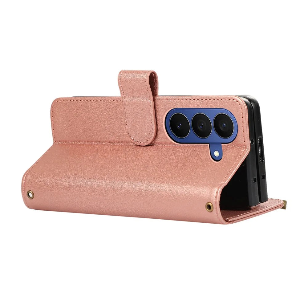 For Samsung Galaxy Z Fold8 Ultra Case Multi Card Slots Zipper Leather Phone Cover with Wrist Strap - Rose Gold - 4
