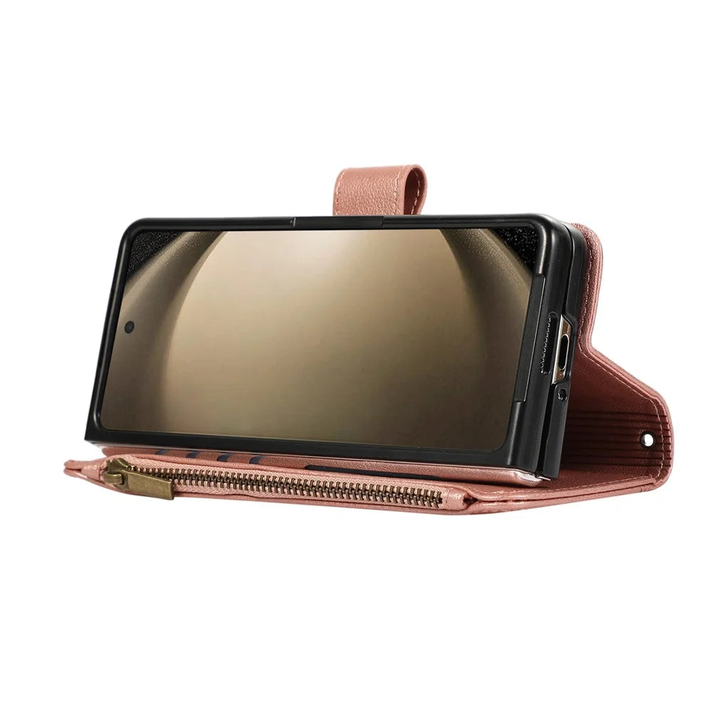 For Samsung Galaxy Z Fold8 Ultra Case Multi Card Slots Zipper Leather Phone Cover with Wrist Strap - Rose Gold - 5