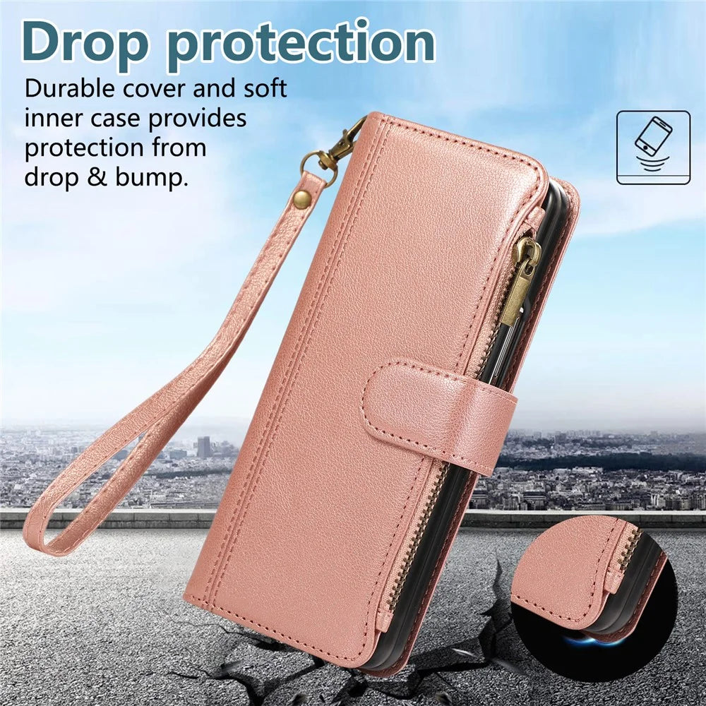 For Samsung Galaxy Z Fold8 Ultra Case Multi Card Slots Zipper Leather Phone Cover with Wrist Strap - Rose Gold - 6