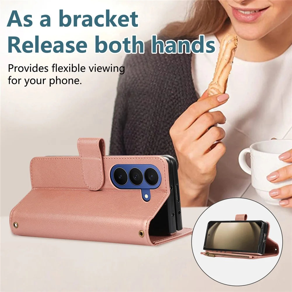 For Samsung Galaxy Z Fold8 Ultra Case Multi Card Slots Zipper Leather Phone Cover with Wrist Strap - Rose Gold - 7