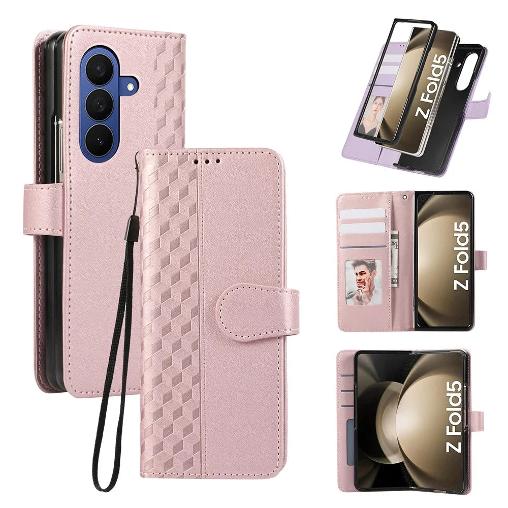 For Samsung Galaxy Z Fold8 Ultra Case 3D Rhombus Grid Imprinted Wallet Leather Phone Cover with Wrist Strap - Rose Gold - 1