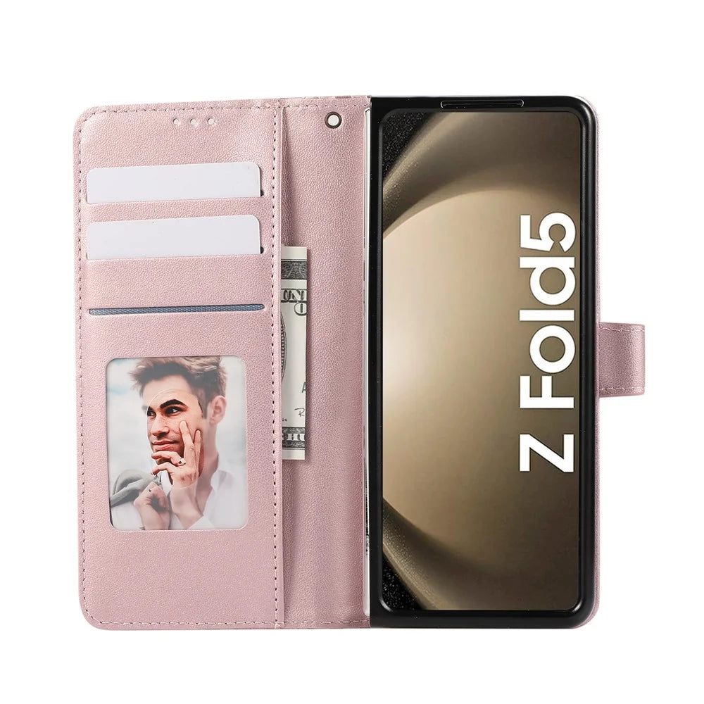 For Samsung Galaxy Z Fold8 Ultra Case 3D Rhombus Grid Imprinted Wallet Leather Phone Cover with Wrist Strap - Rose Gold - 2