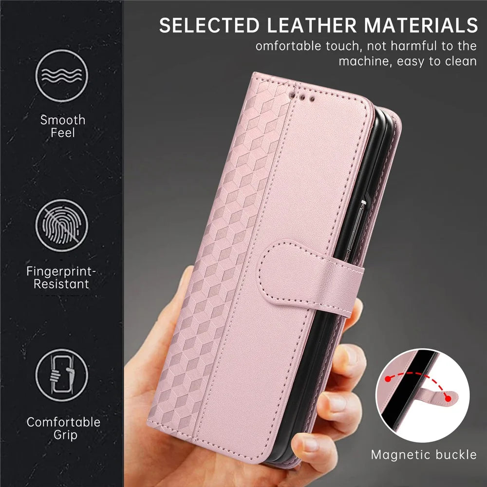 For Samsung Galaxy Z Fold8 Ultra Case 3D Rhombus Grid Imprinted Wallet Leather Phone Cover with Wrist Strap - Rose Gold - 4