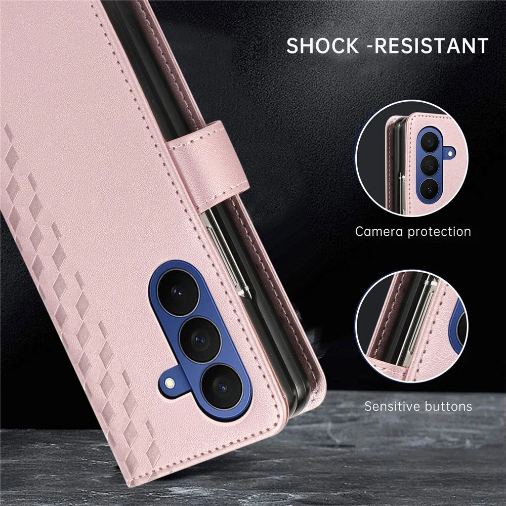 For Samsung Galaxy Z Fold8 Ultra Case 3D Rhombus Grid Imprinted Wallet Leather Phone Cover with Wrist Strap - Rose Gold - 5