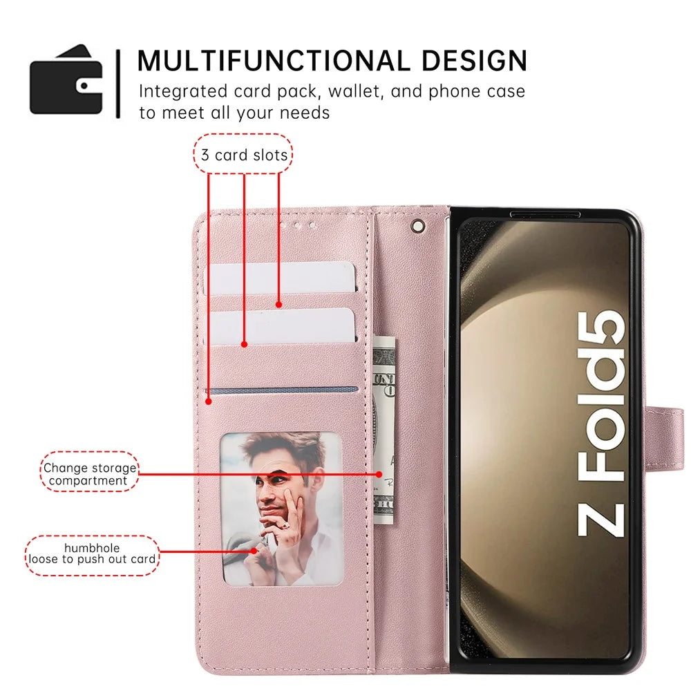 For Samsung Galaxy Z Fold8 Ultra Case 3D Rhombus Grid Imprinted Wallet Leather Phone Cover with Wrist Strap - Rose Gold - 6