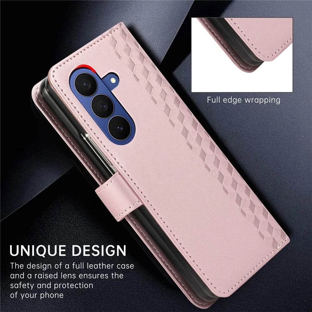For Samsung Galaxy Z Fold8 Ultra Case 3D Rhombus Grid Imprinted Wallet Leather Phone Cover with Wrist Strap - Rose Gold - 7