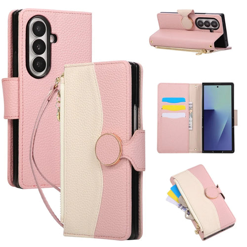 For Samsung Galaxy Z Fold8 Ultra Case Zipper Wallet Color Splicing PC PU Leather Phone Cover with Wrist Strap - Pink - 1