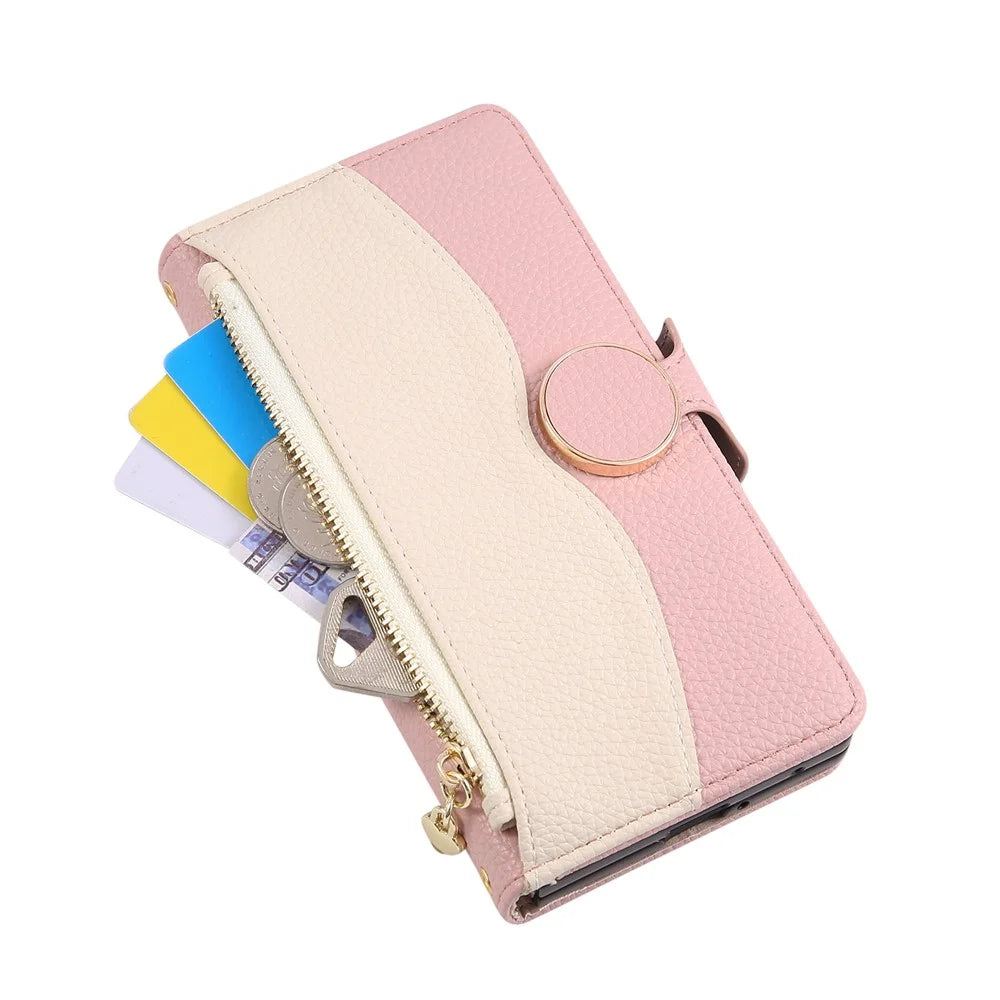 For Samsung Galaxy Z Fold8 Ultra Case Zipper Wallet Color Splicing PC PU Leather Phone Cover with Wrist Strap - Pink - 6