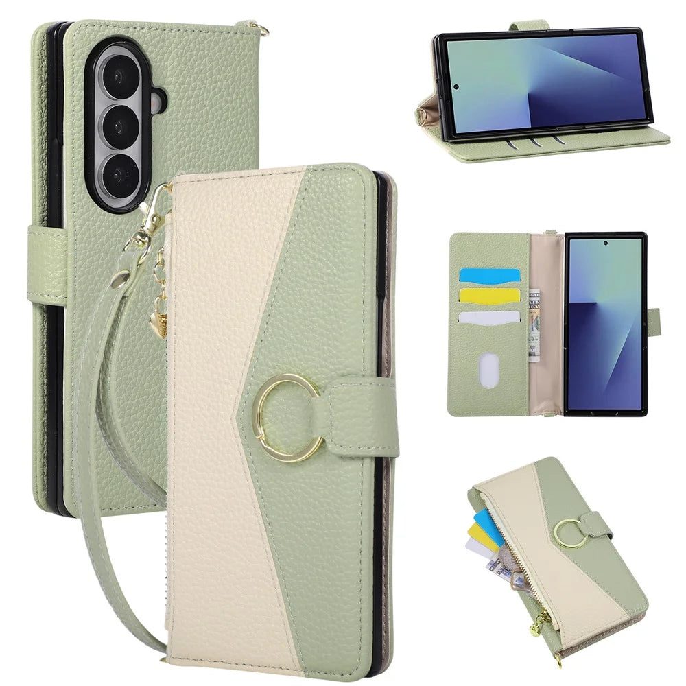 For Samsung Galaxy Z Fold8 Ultra Wallet Case Triangular Splicing Zipper Leather Phone Cover with Wrist Strap - Green - 1