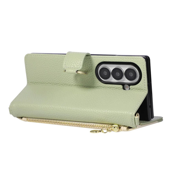 For Samsung Galaxy Z Fold8 Ultra Wallet Case Triangular Splicing Zipper Leather Phone Cover with Wrist Strap - Green - 4