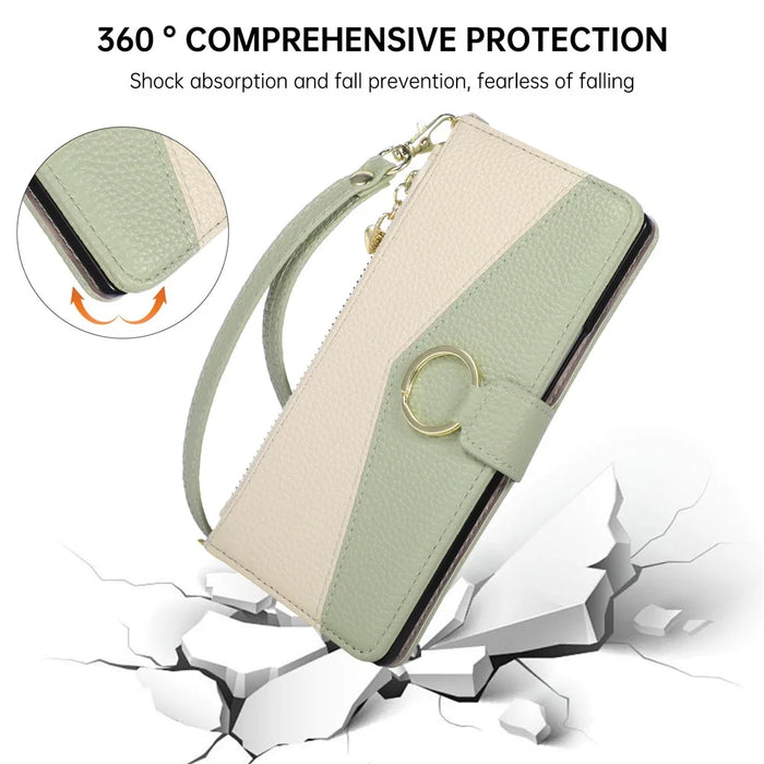 For Samsung Galaxy Z Fold8 Ultra Wallet Case Triangular Splicing Zipper Leather Phone Cover with Wrist Strap - Green - 7