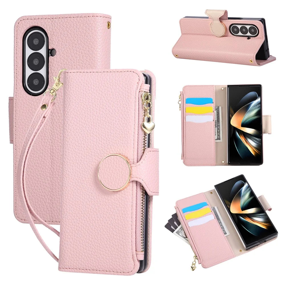 For Samsung Galaxy Z Fold8 Ultra Case Zipper Wallet Leather Phone Cover with Wrist Strap - Pink - 1