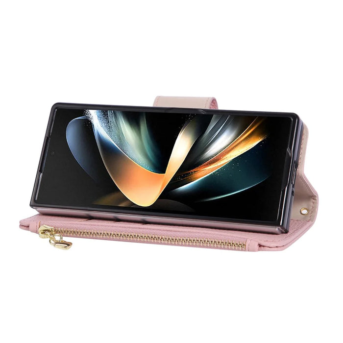 For Samsung Galaxy Z Fold8 Ultra Case Zipper Wallet Leather Phone Cover with Wrist Strap - Pink - 5