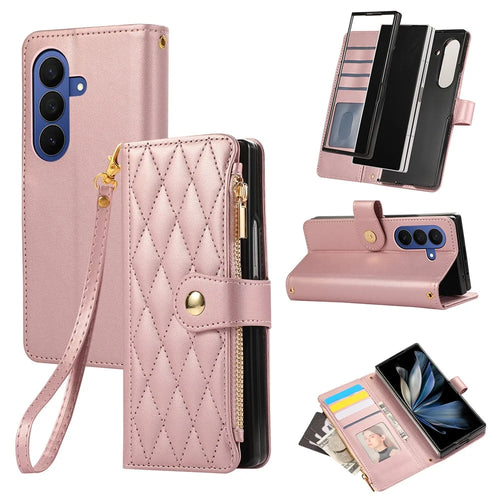 For Samsung Galaxy Z Fold8 Ultra Case Multi Card Slots Zipper Rhombus Leather Phone Cover with Wrist Strap - Rose Gold - 1