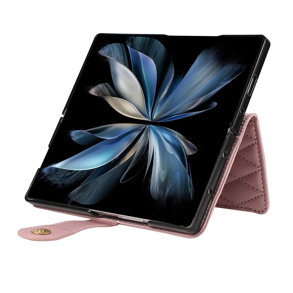 For Samsung Galaxy Z Fold8 Ultra Case Multi Card Slots Zipper Rhombus Leather Phone Cover with Wrist Strap - Rose Gold - 6