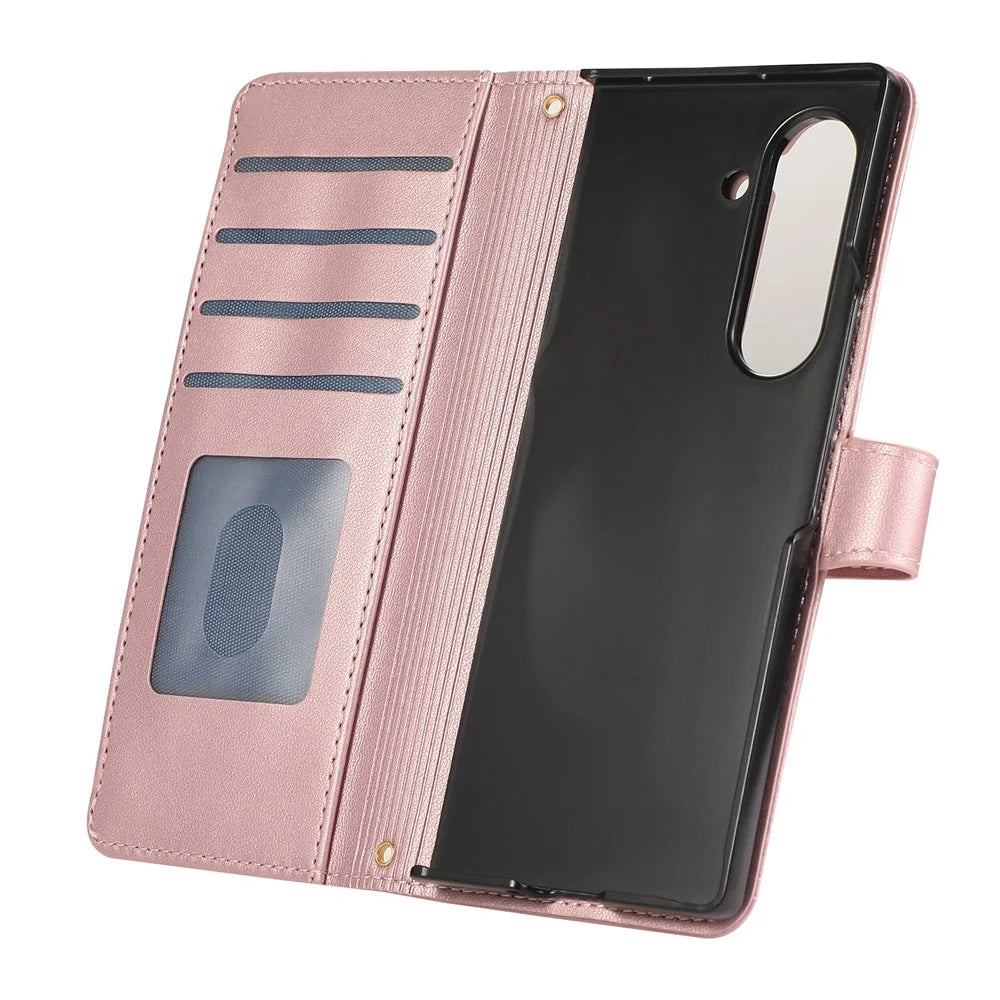 For Samsung Galaxy Z Fold8 Ultra Case Multi Card Slots Zipper Rhombus Leather Phone Cover with Wrist Strap - Rose Gold - 7