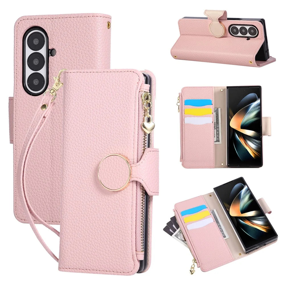For Samsung Galaxy Z Fold7 5G Case Zipper Wallet Leather Phone Cover with Wrist Strap - Pink - 1