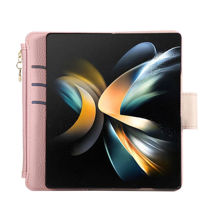 For Samsung Galaxy Z Fold7 5G Case Zipper Wallet Leather Phone Cover with Wrist Strap - Pink - 5