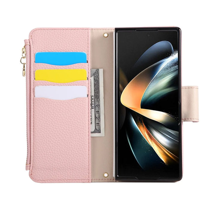 For Samsung Galaxy Z Fold7 5G Case Zipper Wallet Leather Phone Cover with Wrist Strap - Pink - 6