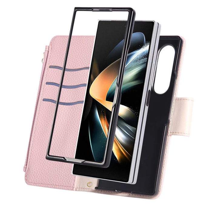 For Samsung Galaxy Z Fold7 5G Case Zipper Wallet Leather Phone Cover with Wrist Strap - Pink - 7