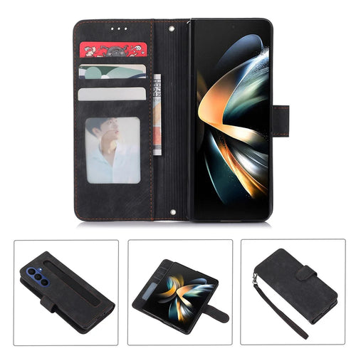 For Samsung Galaxy Z Fold7 5G Case PU Leather Wallet Phone Cover with Wrist Strap / Pen Holder - Black - 1