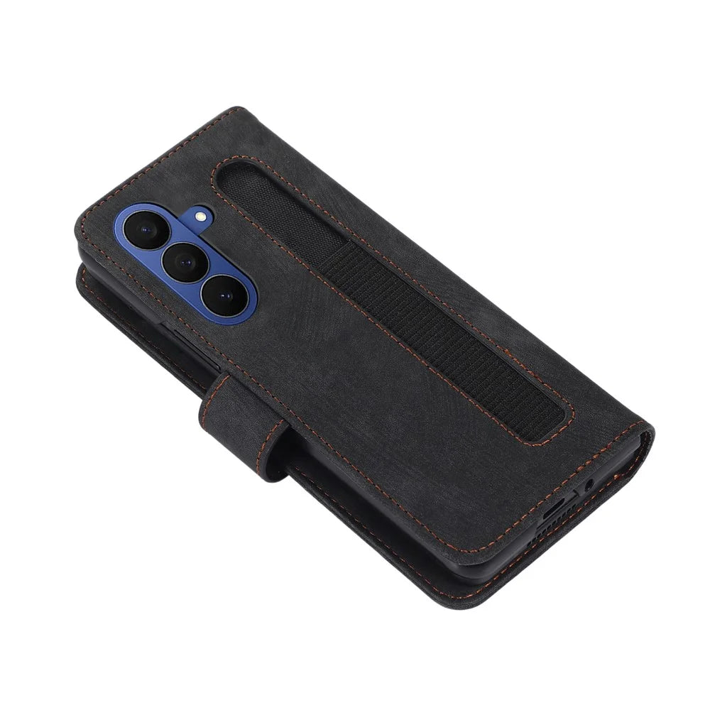 For Samsung Galaxy Z Fold7 5G Case PU Leather Wallet Phone Cover with Wrist Strap / Pen Holder - Black - 2