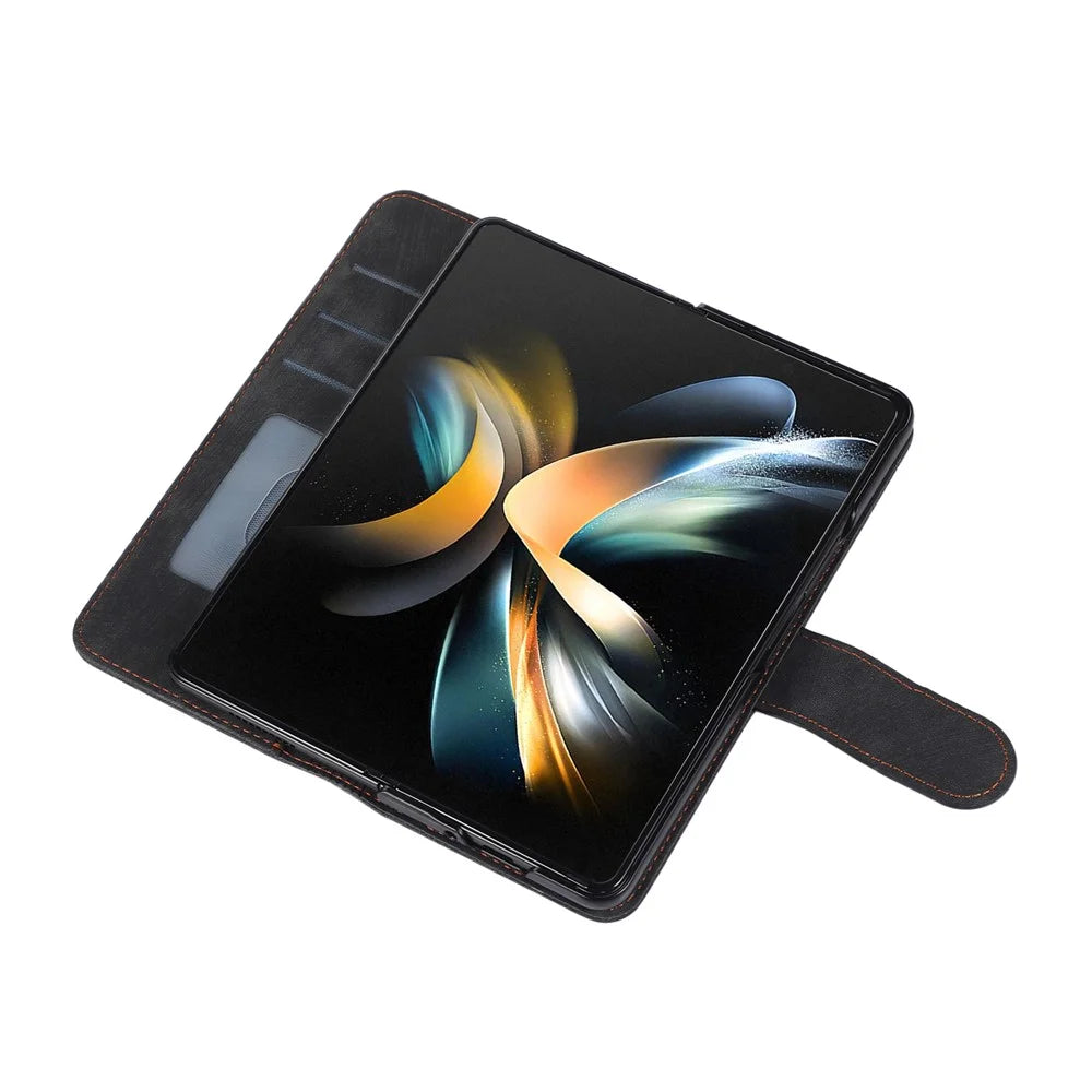 For Samsung Galaxy Z Fold7 5G Case PU Leather Wallet Phone Cover with Wrist Strap / Pen Holder - Black - 5