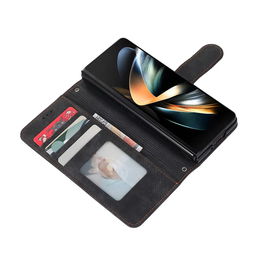 For Samsung Galaxy Z Fold7 5G Case PU Leather Wallet Phone Cover with Wrist Strap / Pen Holder - Black - 6