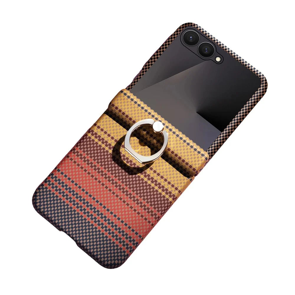 For Samsung Galaxy Z Flip8 Phone Case Ring Holder Kickstand PC Cover with Tempered Glass Screen Protector - Yellow - 1