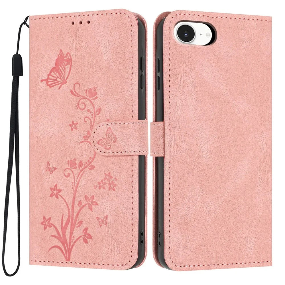 For iPhone 17e / 16e Wallet Case Butterfly Flower Imprint PU Leather Phone Cover with Wrist Strap - Pink - 1